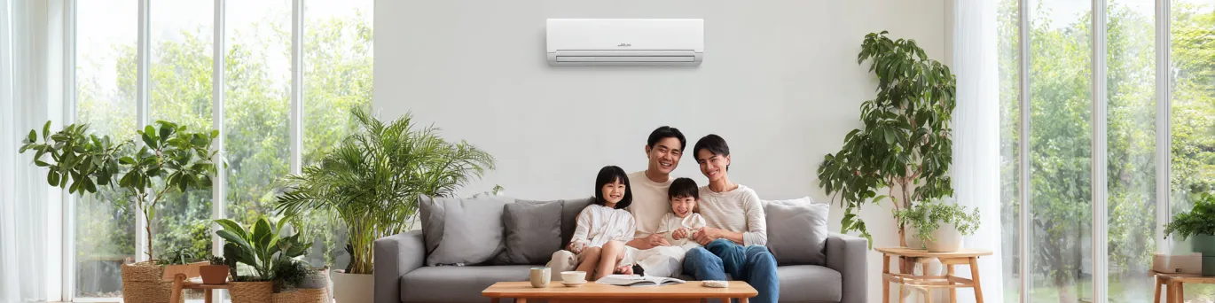 Climatisation réversible moderne installée dans un salon, permettant 30% d'économies sur la facture énergétique