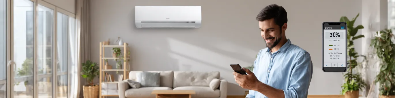 Climatisation réversible moderne réduisant la consommation énergétique de 30% dans un salon lumineux