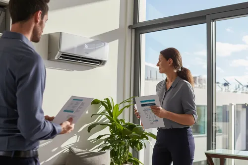 Pompe à chaleur réversible diffusant air chaud en hiver et frais en été dans un salon moderne