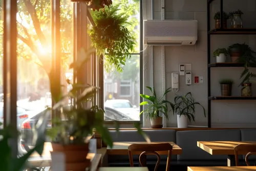 Système de climatisation réversible montrant le cycle thermodynamique avec flux d'air chaud et froid entre l'intérieur et l'extérieur