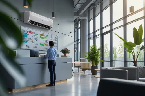 Climatisation réversible en fonctionnement montrant le flux d'air chaud et froid pour optimiser les économies d'énergie
