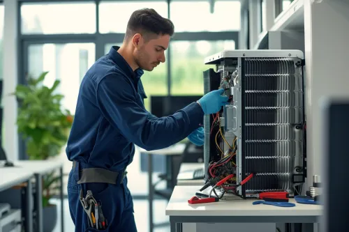 Technicien effectuant la maintenance d'un climatiseur domestique pour optimiser sa durée de vie et réduire la consommation