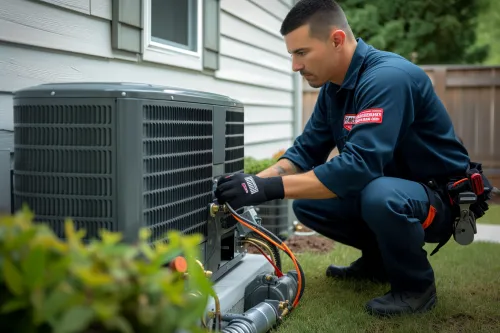 Technicien ajustant une pompe à chaleur pour améliorer son rendement énergétique et sa durabilité