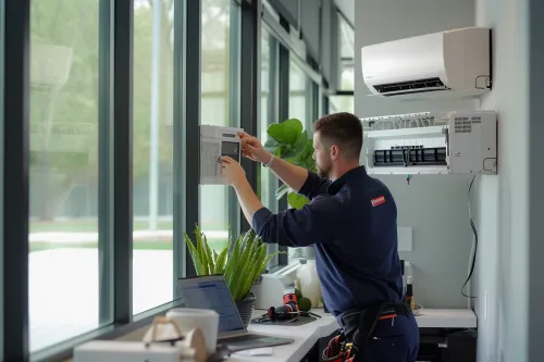 Technicien certifié procédant à l'installation d'une climatisation réversible Inverter dans un logement moderne