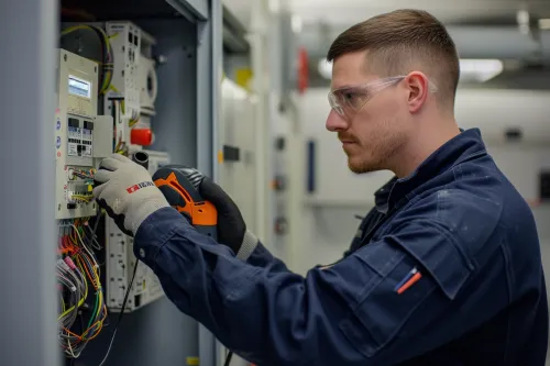 Technicien certifié réalisant la mise aux normes d'un tableau électrique pour système de climatisation résidentiel
