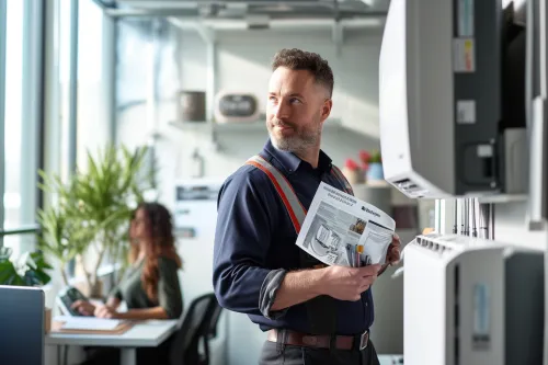 Technicien procédant à l'installation d'une climatisation réversible dans un salon moderne avec équipement professionnel