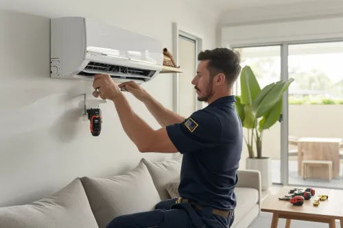 Technicien ajustant une climatisation écoénergétique pour maximiser les économies d'énergie et le confort
