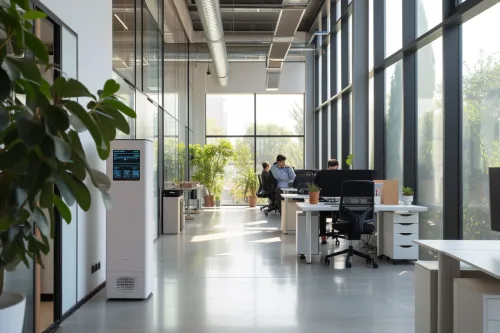 Climatiseur réversible éco-responsable en fonctionnement, montrant sa faible empreinte carbone et efficacité énergétique.