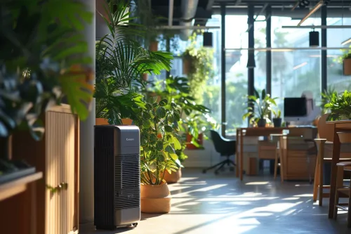 Climatiseur à évaporation écologique en fonctionnement, diffusant un air frais dans un intérieur confortable