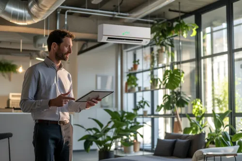 Système de climatisation réversible économe en énergie installé dans un salon moderne, montrant l'unité intérieure discrète.