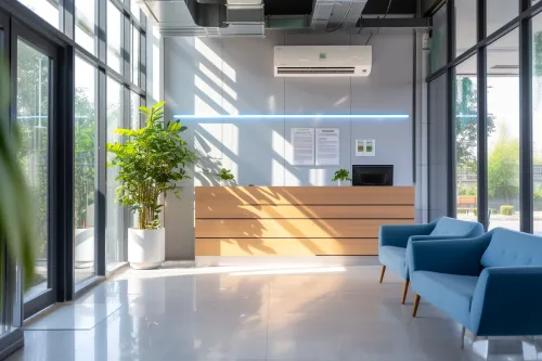 Système de climatisation réversible moderne installé dans un salon confortable, chauffant ou rafraîchissant selon la saison