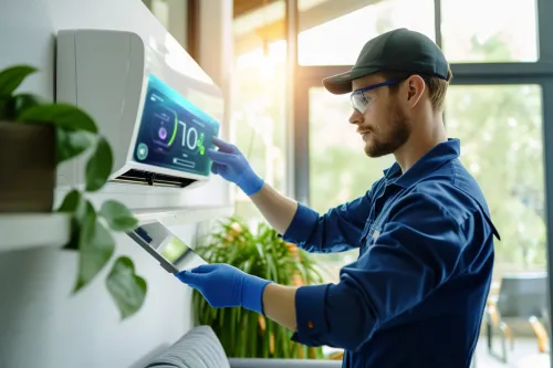Technicien réalisant l'entretien d'un climatiseur moderne pour optimiser les économies d'énergie et assurer une performance durable