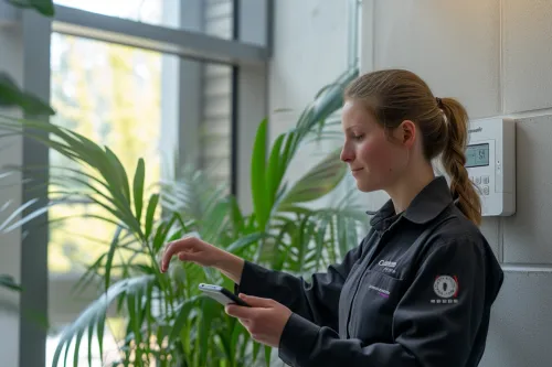 Technicien ajustant les paramètres d'une pompe à chaleur pour optimiser sa consommation énergétique