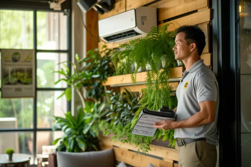 Technicien effectuant la maintenance d'un climatiseur réversible pour optimiser ses performances énergétiques